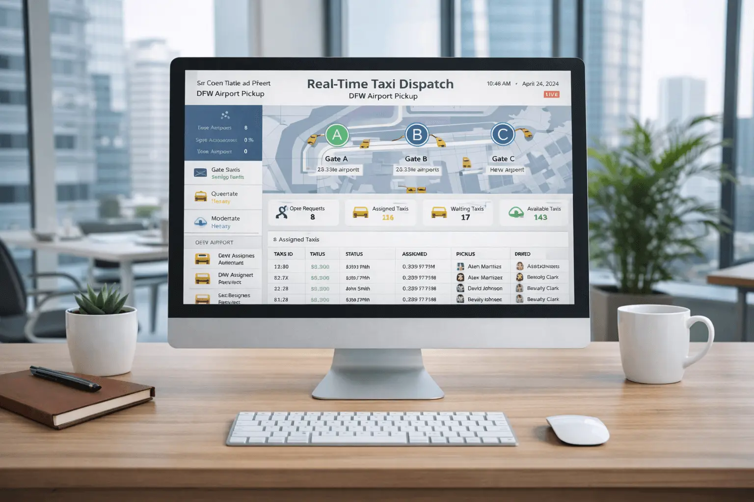 Real-time GPS dispatch monitor showing taxi fleet tracking at DFW Airport terminals for passenger safety.